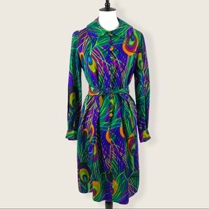 SOLD VTG Peacock Barkcloth Midi Dress